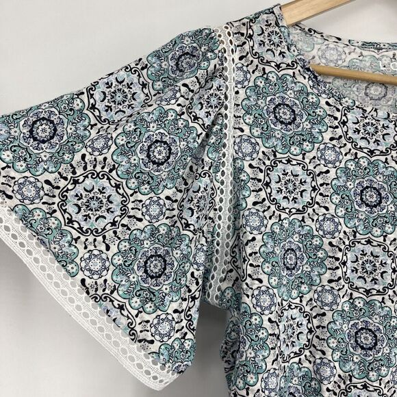 Loft Top Size Large Womens Blue Medallion Print Linen Cut Out Flutter Sleeve Tee - Picture 4 of 9
